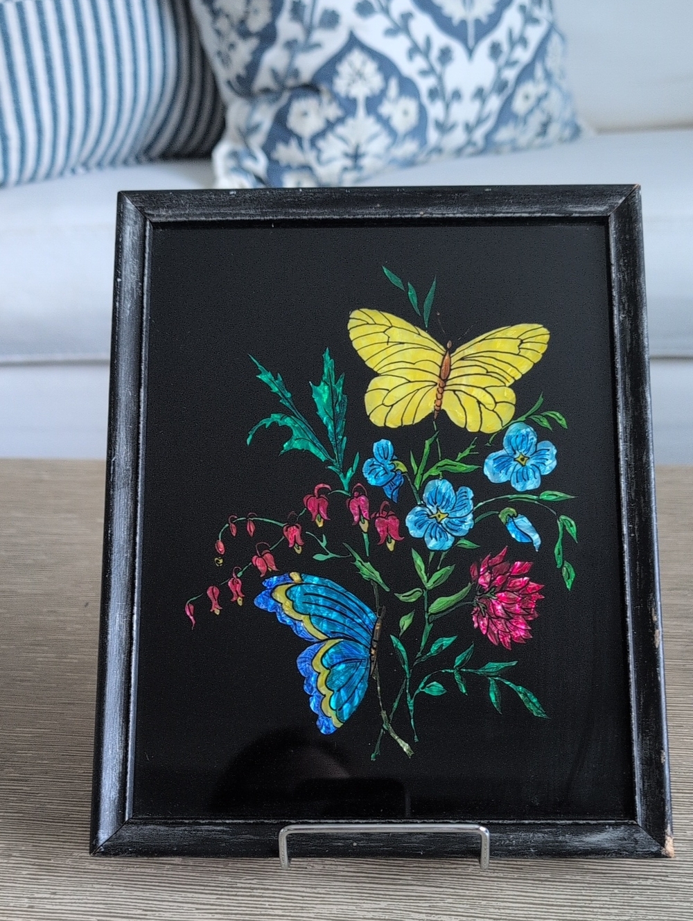 Vintage Reverse Glass Painting By Bernice Ross Butterfly Floral Art Black Framed